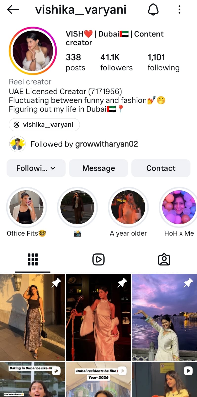 Student Instagram profile