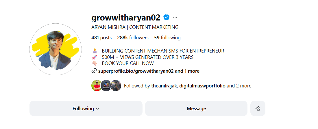 Aryan Mishra Instagram profile @growwitharyan02 — 288k followers